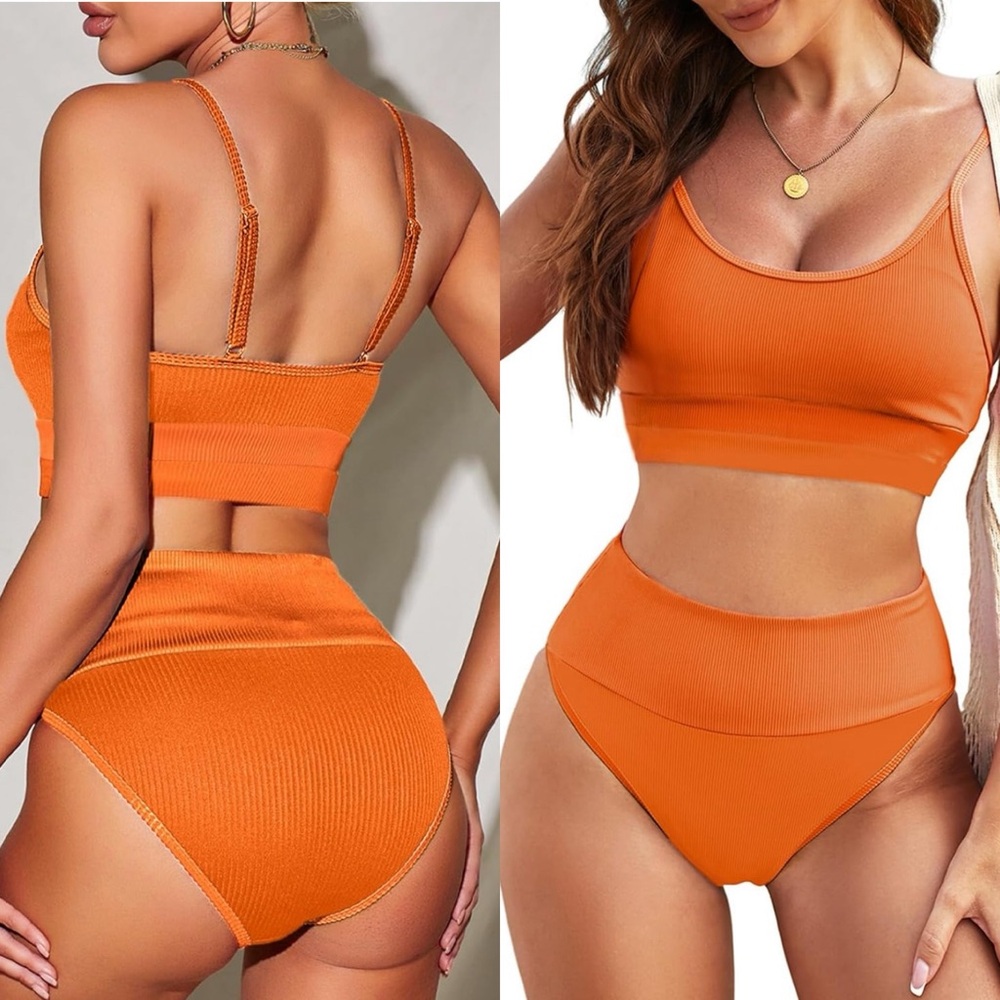 NWOT 2 Piece High Waisted Bikini Set for Women Cute Color Block Striped Sporty M